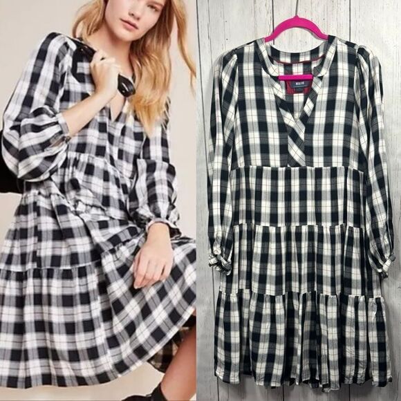 Maeve Anthropologie Gingham Tiered Mini Dress Cottagecore Picnic Fall Layering - Picture 1 of 14